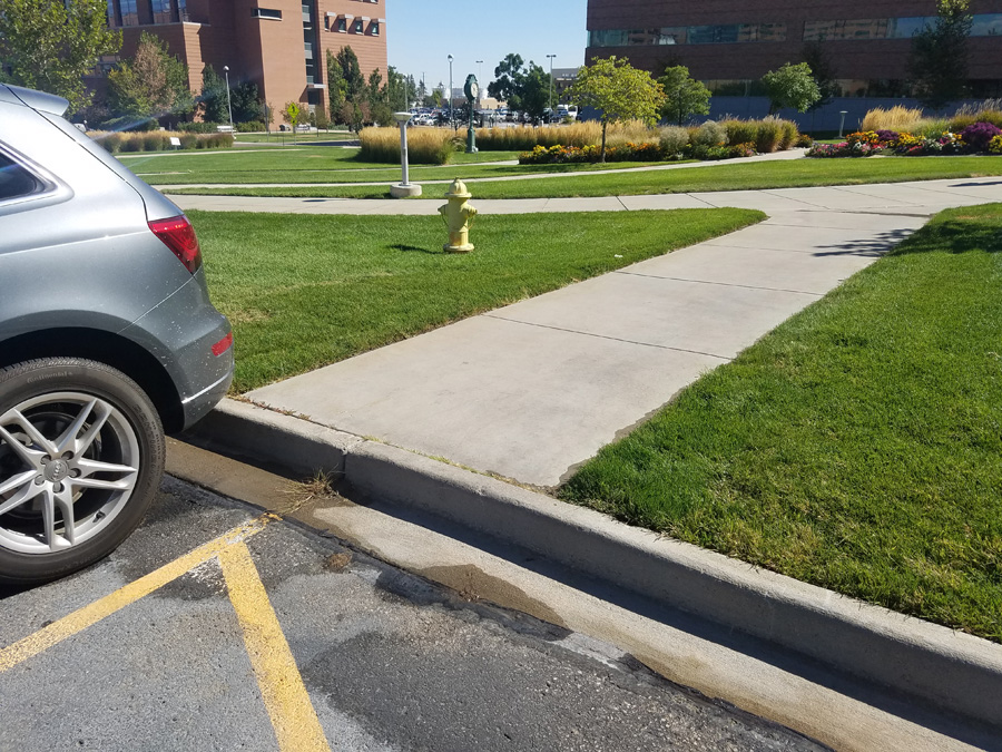 Concrete sidewalk connecting a parking area and landscaped commercial grounds